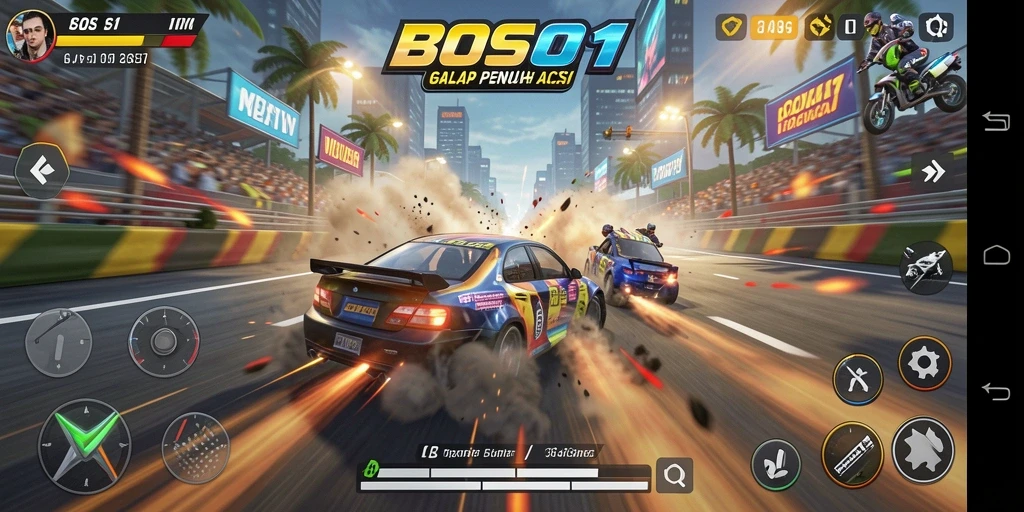 Screenshot gameplay BOS01 yang menunjukkan aksi balap menegangkan.
