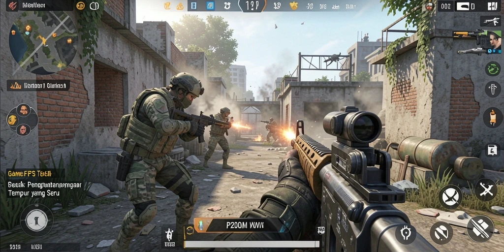 Screenshot P200M menampilkan aksi tembak-menembak yang mendebarkan dalam pertempuran FPS.