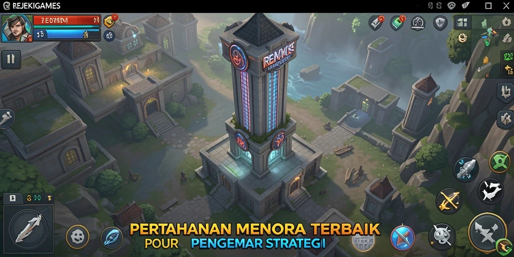 Tampilan menara pertahanan di REJEKIGAMES dengan aksi seru melawan musuh.
