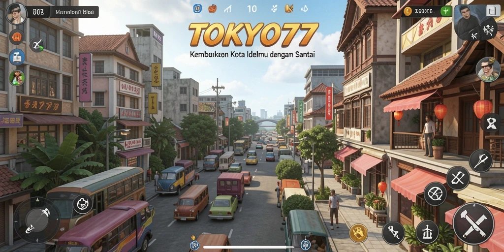 Screenshot gameplay TOKYO77 yang menggambarkan suasana membangun kota.